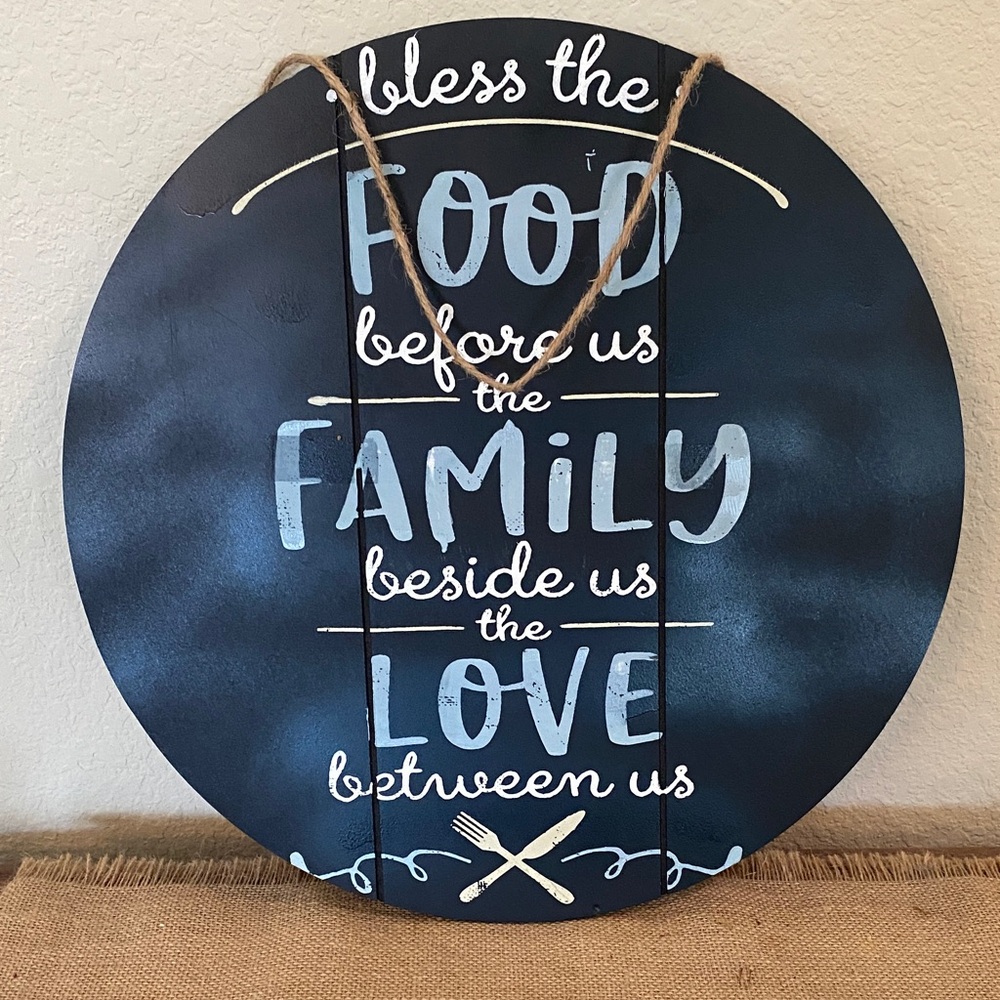 Round Wall Sign "Bless the Food, Family, Love" - Black Blue and White